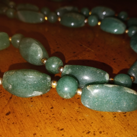 Carved Jade and Gold Clamp Bead Extra Long Vintage Necklace - Picture 3 of 11